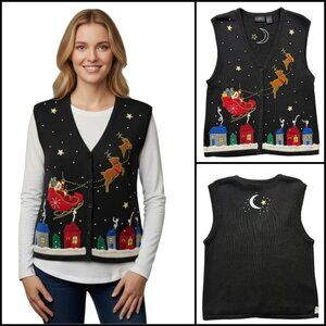 VTG Christmas Flying Santa Reindeer Sky Sweater Vest Black Grandma‎ Teacher Sz L